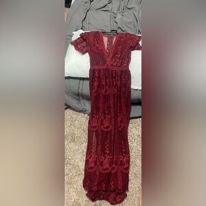 Low cut long maroon dress